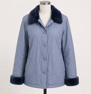 Vintage Blue Jacket with Faux Fur Collar Puffer Quilted Silk Blend Medium